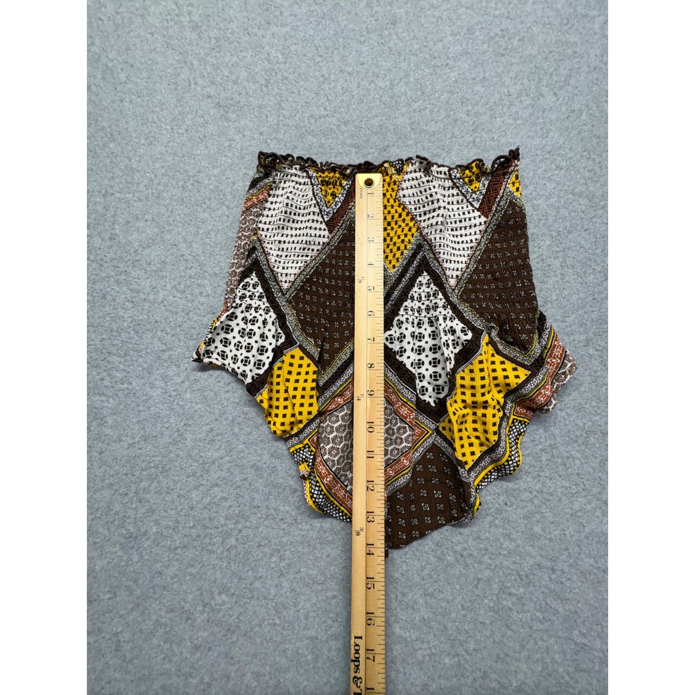 New Look Smocked Tube Top Brown Yellow Patchwork Handkerchief Hem Boho Small - Picture 6 of 9